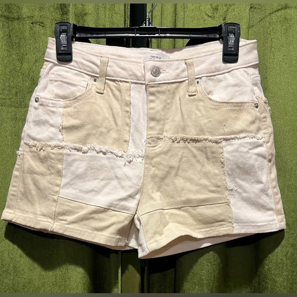 Forever 21 Cream Patchwork  Jean Shorts High-Waisted Cotton